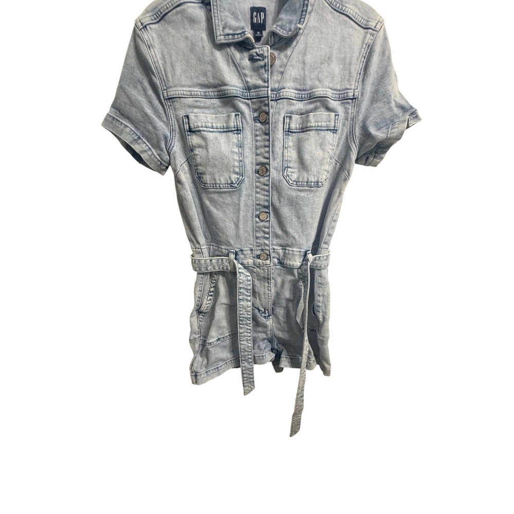 Gap Women Light Wash Denim Romper Button Front Tie Waist Size 10
